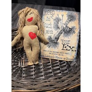 Voodoo Doll Burlap Rustic Folk Art Handmade Red Heart Lips Blonde Hair